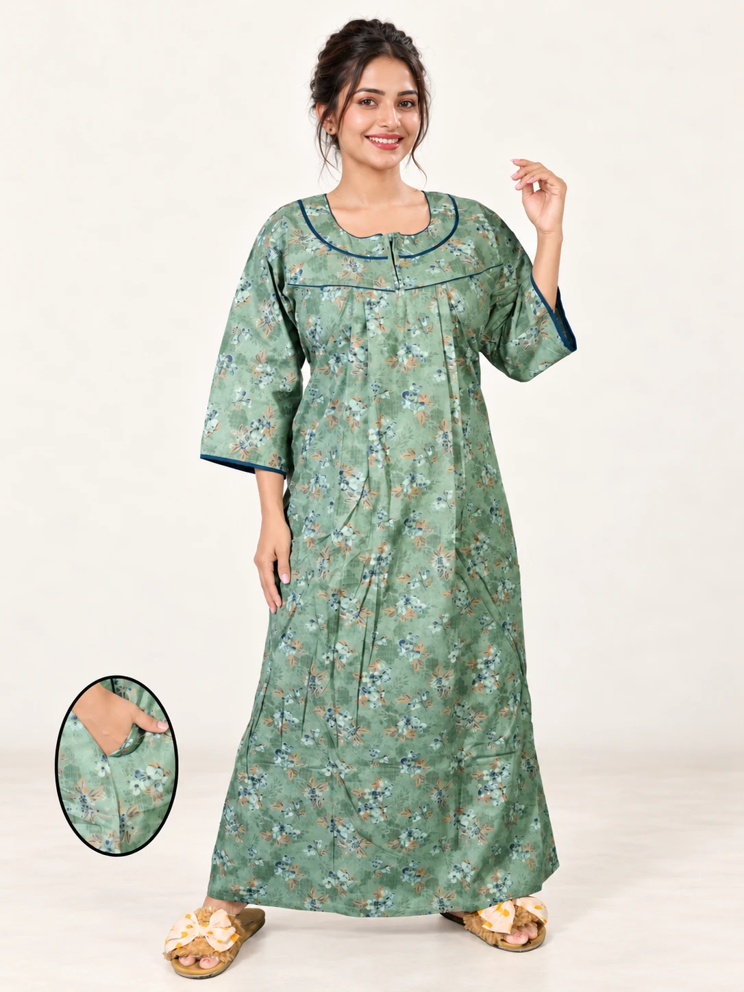 Cotton Pleated Long-Sleeve Nighty